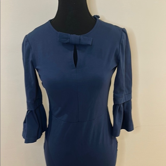 Navy Blue Sheath Dress with Mock Neck and Bell Sleeves for Work - Picture 2 of 12